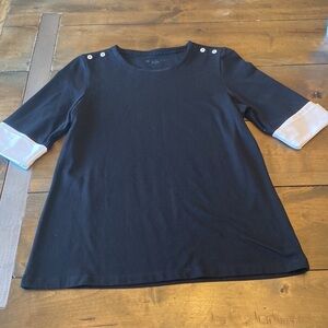 ELI black knit blouse button detail white sleeve size S‎ career professional